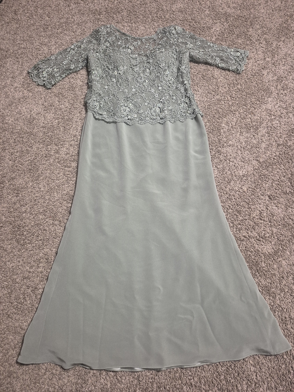 Montage by Mon Cheri Silver-Gray Lace Top Long Sleeve Gown
